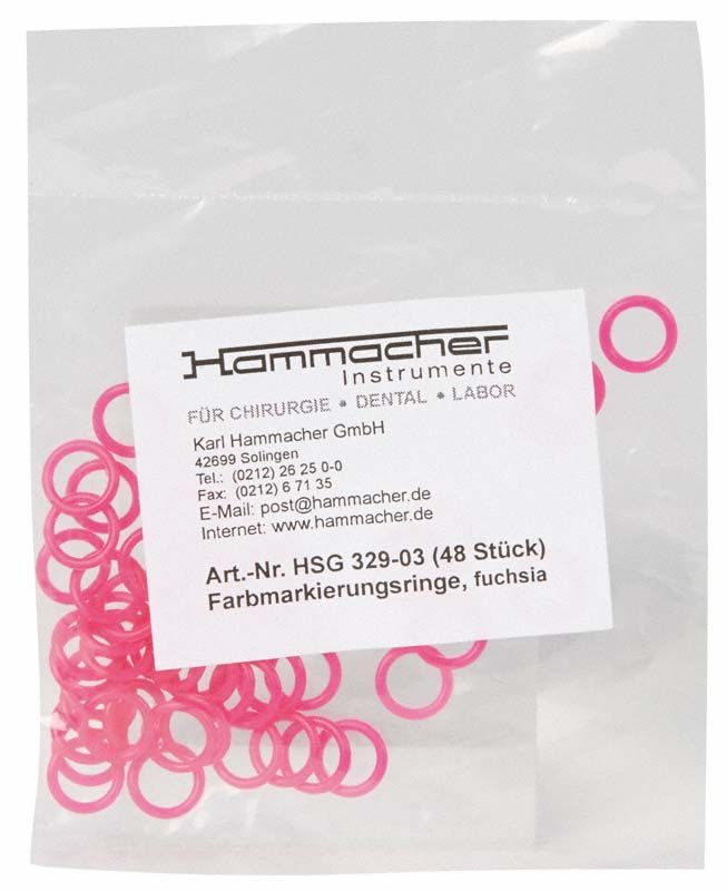 Fuchsiafarbene Markierungsringe in Kunststoffverpackung mit Etikett.
