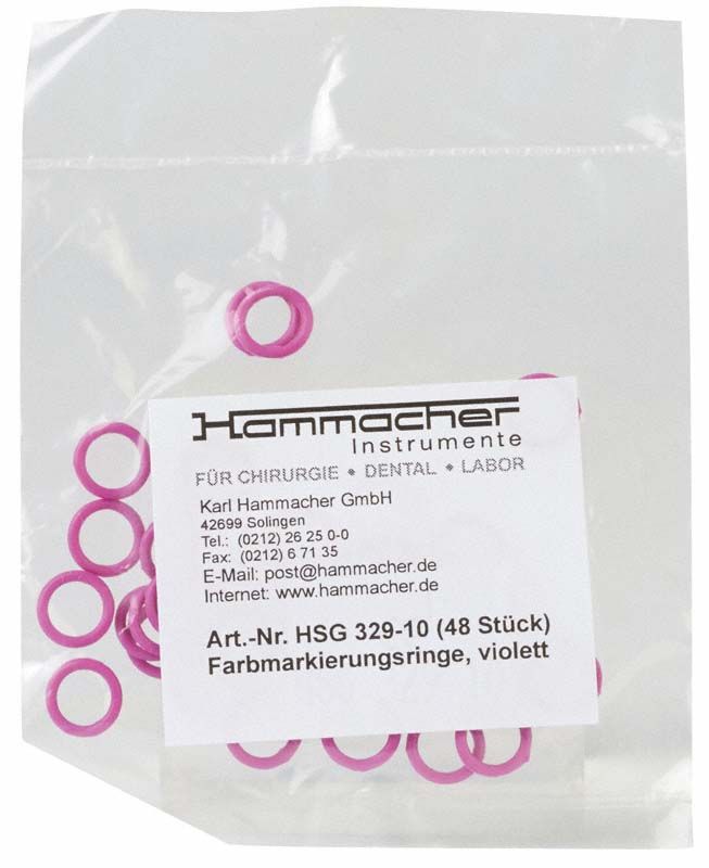 Violette Farbmarkierungsringe in transparenter Verpackung für medizinische Instrumente.