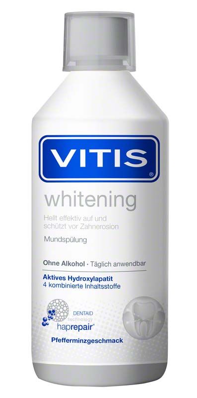 Alkoholfreie VITIS® whitening Mundspülung 500ml mit Zahnschmelzschutz.