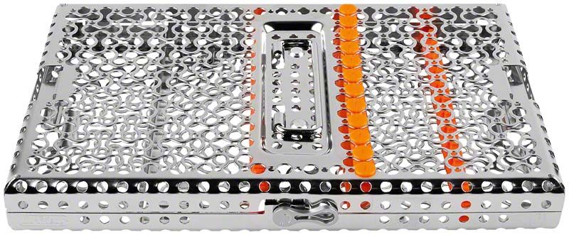 Metallische IMS Infinity Series Container Kassette mit orangefarbenen Markierungen.