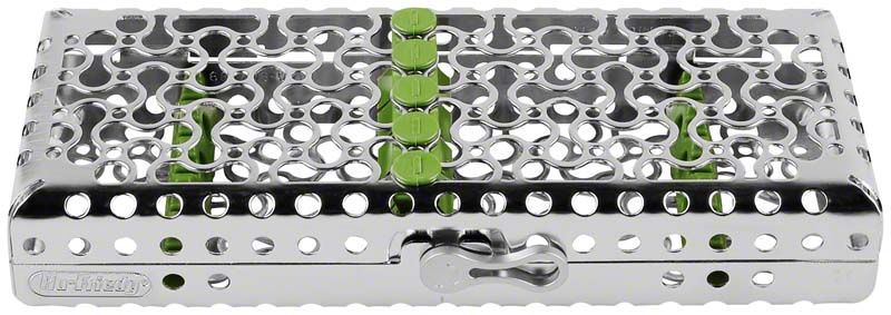 Metallkassette aus der IMS Infinity Serie mit grünen Elementen.