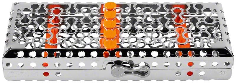 Kassette aus Edelstahl der IMS Infinity Series mit orangefarbenen Einsätzen.