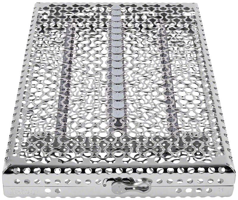 Metallische Kassette für 16 Instrumente, perforiertes Design, grau.