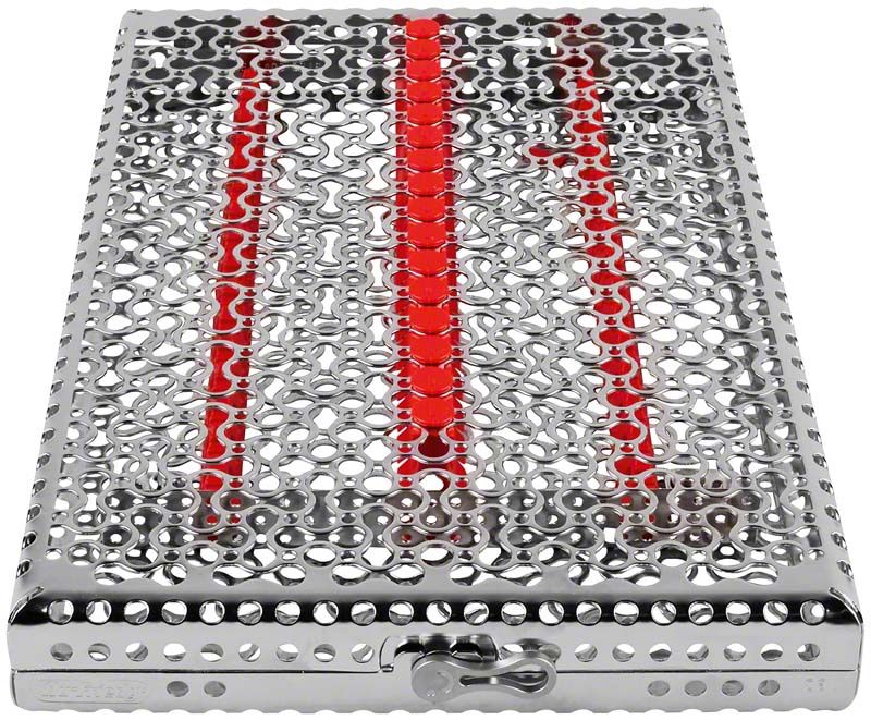 Kassette für 16 Instrumente aus Edelstahl mit rotem Akzent.