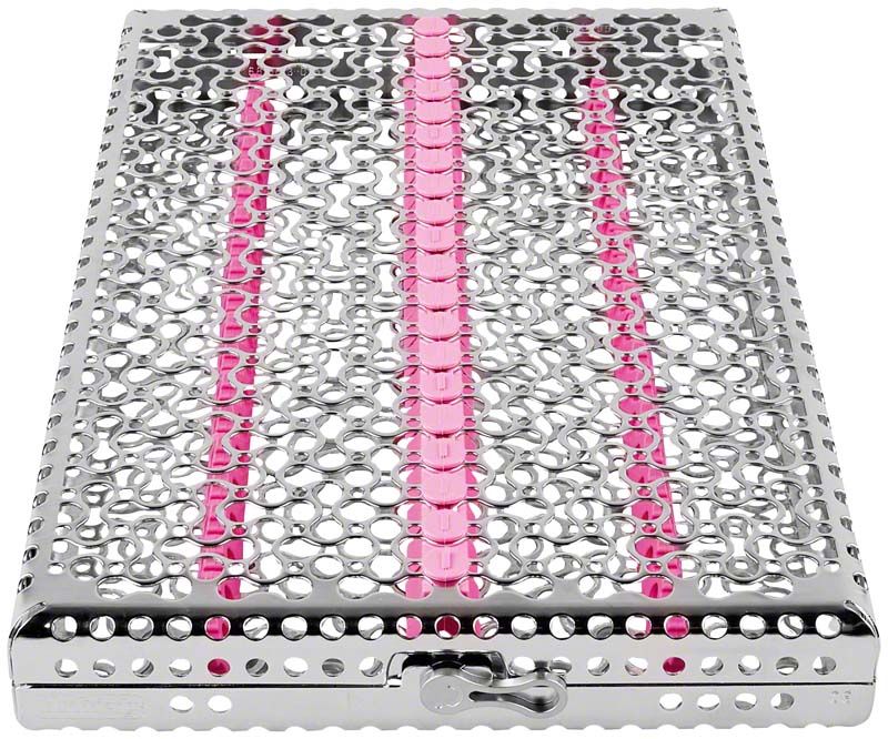 Metallene Instrumentenkassette für 20 Instrumente mit lavendelfarbenen Akzenten.