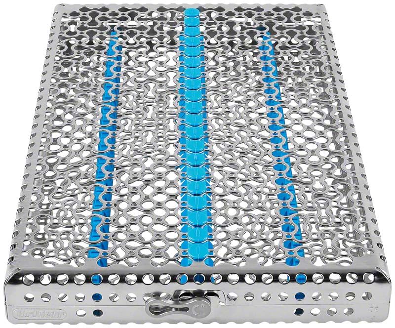 Kassette für 20 Instrumente in türkisfarbenem Edelstahl-Design.