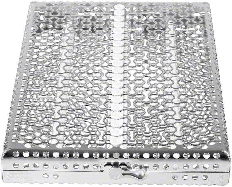 Metallische Instrumentenkassette für 20 medizinische Instrumente in Weiß.