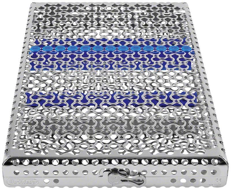 Kassette zur Instrumentenaufbewahrung aus Edelstahl mit blauen Einsätzen.