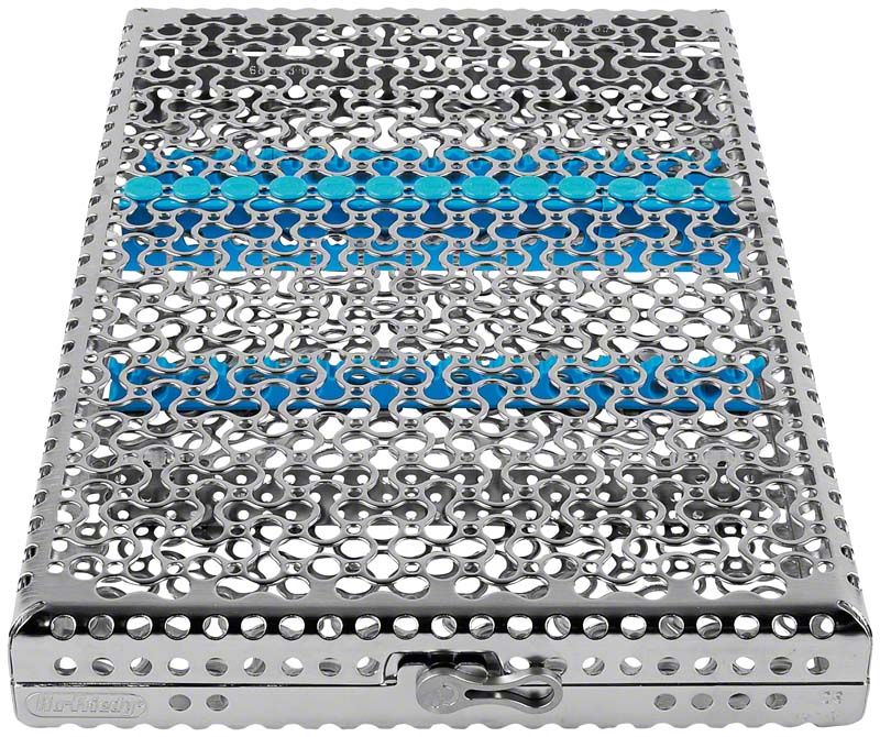 Kassette für 13 Instrumente, türkisfarbene Einsätze, Edelstahlstruktur.