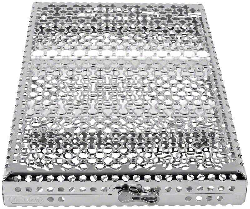 Kassette aus Edelstahl für 13 Instrumente, perforiertes Design.