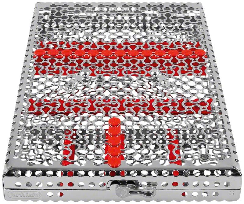 Metallische IMS Kassette Signature DIN für Chirurgie mit rotem Muster.