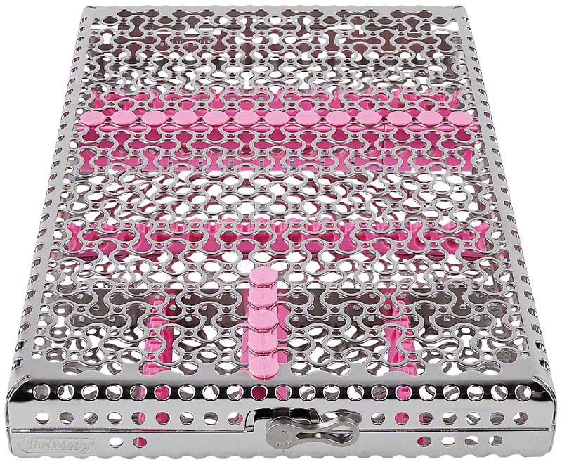 Kassette für 18 Instrumente in Lavendelfarbe aus Edelstahl.