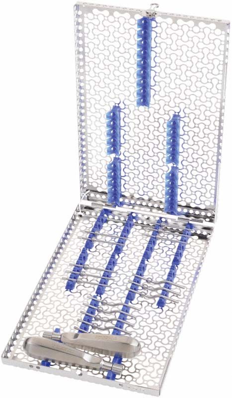 IMS Kassette für Bone Spreading mit blauen Einsätzen und Instrumenten.