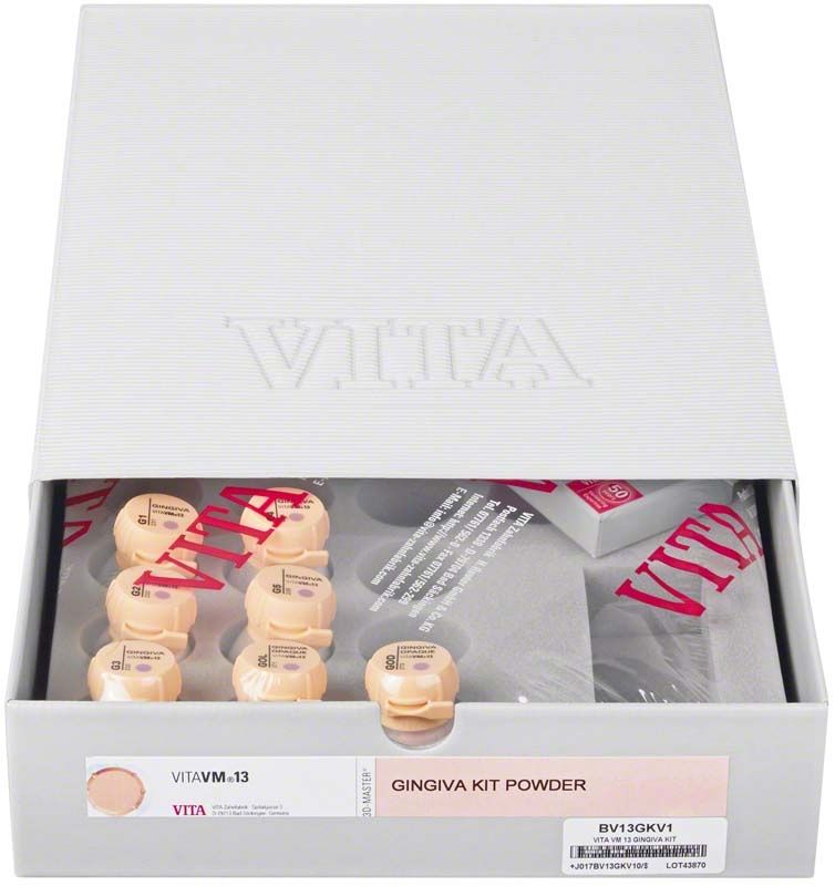VITAVM®13 Gingiva Kit Powder mit mehreren Döschen und Verpackung.