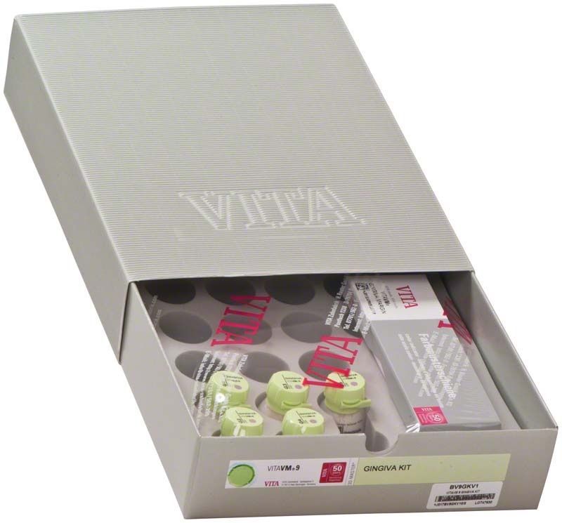 VITA VM®9 Gingiva Kit mit geöffnetem Deckel und sichtbaren Inhalten.