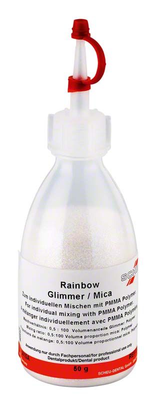 Flasche mit Glimmer Rainbow Pulver für PMMA-Mischungen.