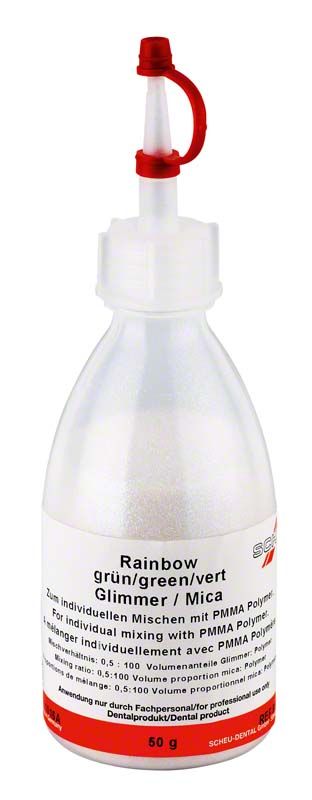 Glimmer Rainbow grün in weißer Flasche mit rotem Deckel.