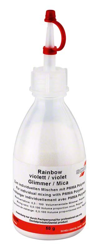 Flasche mit Glimmer Rainbow violet für individuelles Mischen mit PMMA Polymer.