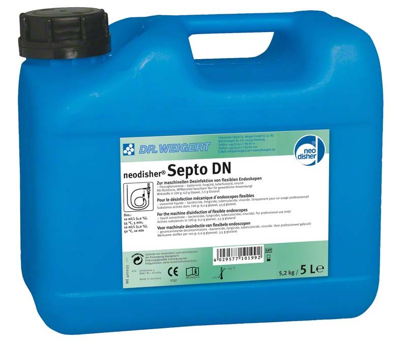 Blauer 5-Liter-Kanister neodisher® Septo DN zur maschinellen Desinfektion.