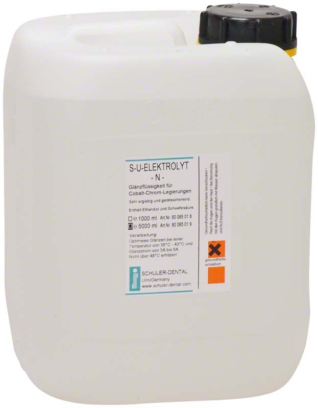 5-Liter-Kanister S-U-Elektrolyt-N mit Etikett und Sicherheitswarnsymbolen.
