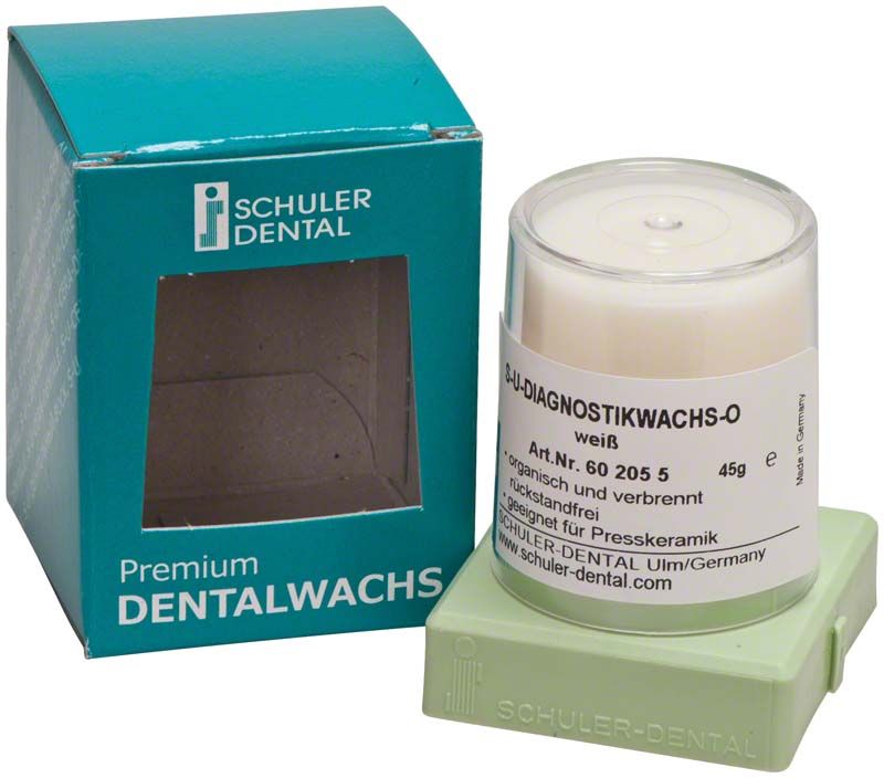 Organisches S-U-Diagnostikwachs in weißer Verpackung mit Schuler Dental Logo.