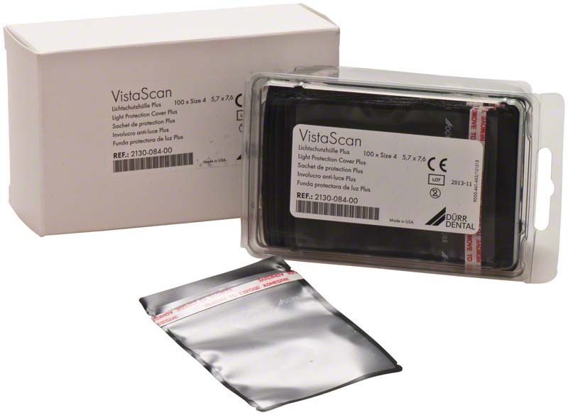 VistaScan Lichtschutzhüllen Plus, Packung und geöffnete Schutzhülle sichtbar.