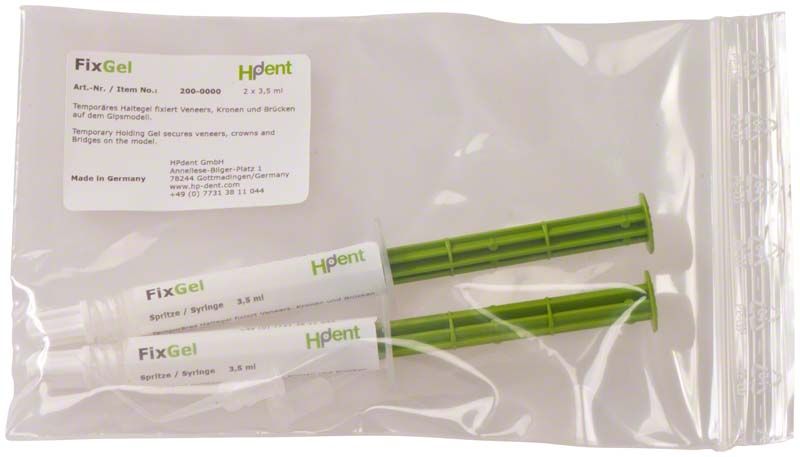 FixGel Befestigungsgel in zwei grünen Spritzen in transparenter Verpackung.