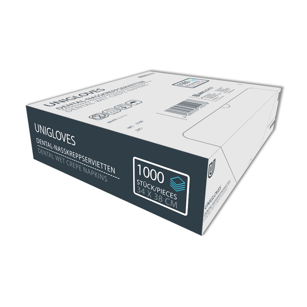Packung Unigloves Dental-Nasskreppservietten, 1000 Stück, 34 x 38 cm.
