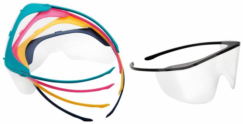 Augenschutzschild mit fünf farbigen Gestellen und transparenten Schutzschildern.