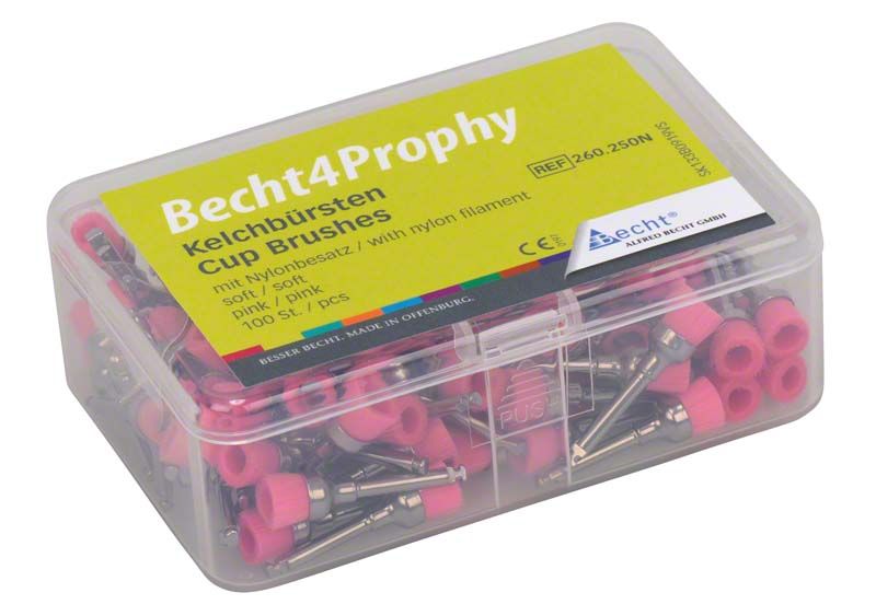 Transparente Kunststoffverpackung mit pinkfarbenen Nylon-Kelchbürsten für Zahnreinigung.