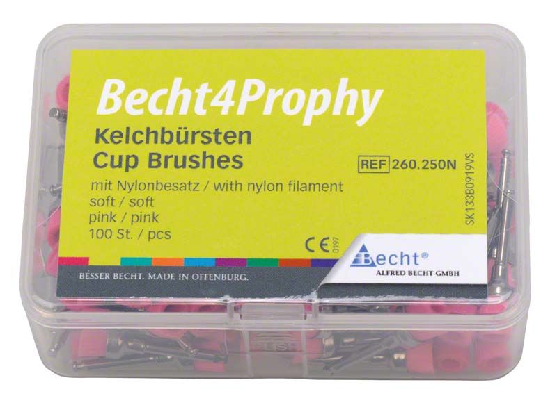 Transparente Verpackung mit pinkfarbenen Nylon-Kelchbürsten für Zahnreinigung.