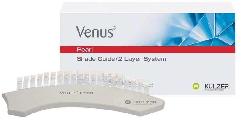 Venus® Pearl Farbschlüssel mit Verpackung im Hintergrund.