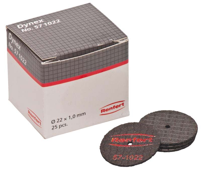 Dynex Trenn- und Schleifscheiben neben grauer Verpackung mit Renfert-Logo.