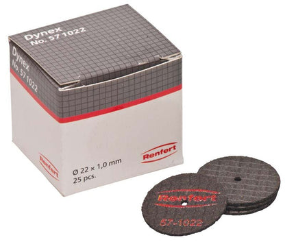 Dynex Trenn- und Schleifscheiben neben grauer Verpackung mit Renfert-Logo.