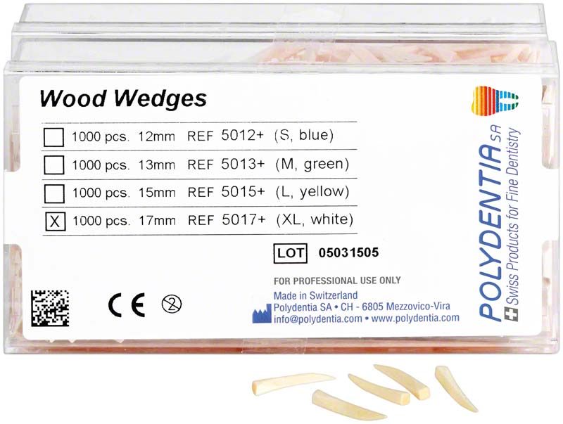 Interdentalkeile aus Ahornholz, 17mm weiß, in transparenter Verpackung.