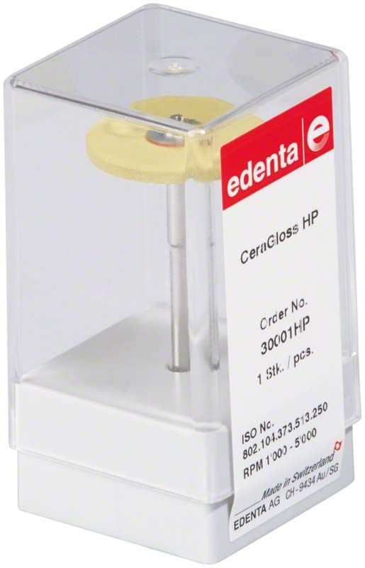 CeraGloss gelb Scheibe HP in transparenter Verpackung mit Etikett.