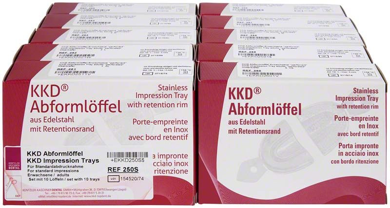 Abformlöffel aus Edelstahl in Originalverpackung mit mehrsprachiger Beschriftung.