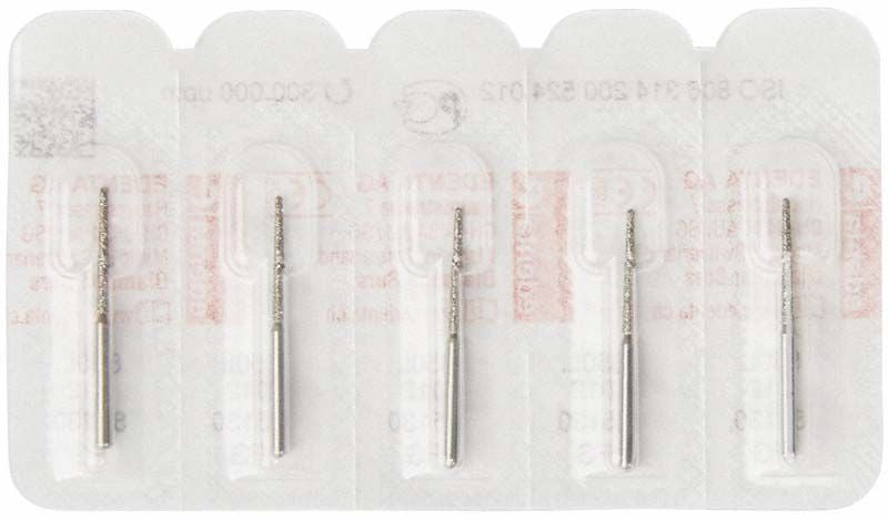 Fünf Diamantbohrer FG 850L 012 in Blisterverpackung.