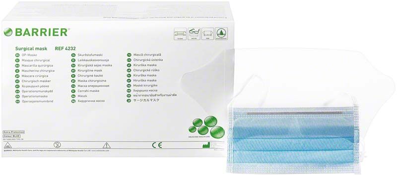 BARRIER® OP-Maske Extra Protection in blauer Farbe vor Verpackung.