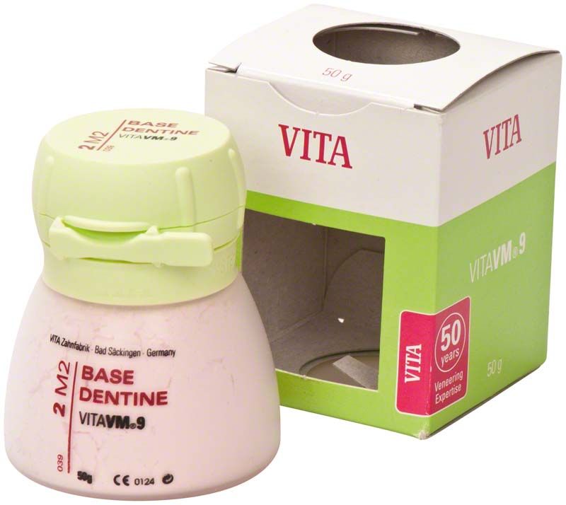 VITA VM9 Base Dentin 2M2 Keramikdose neben Verpackung.