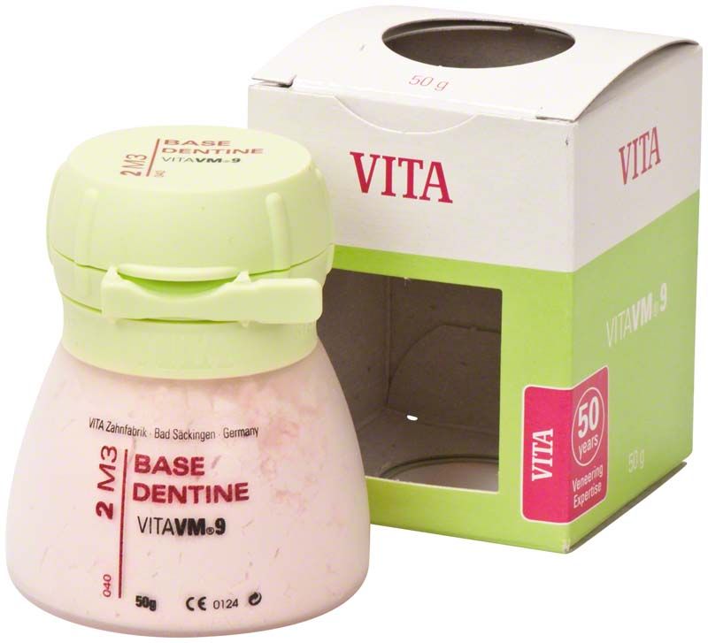 VM9 3D Base Dentin 50g 2M3 in Originalverpackung mit grünem Deckel.