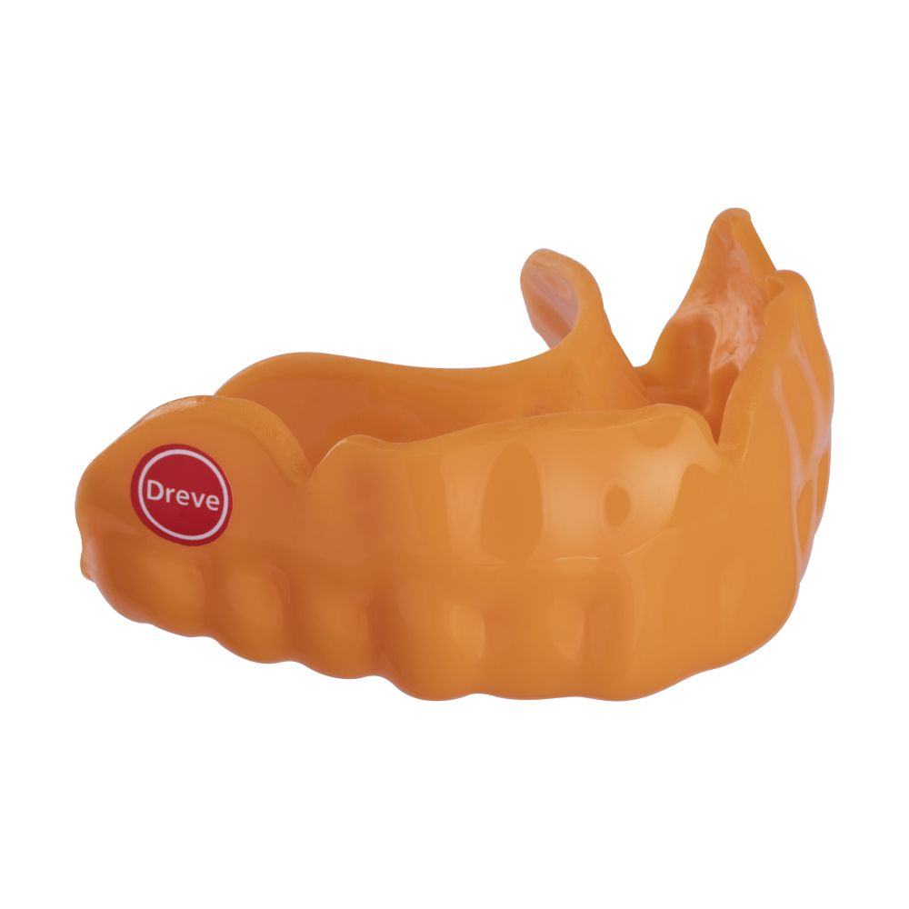 Orangefarbener Drufosoft®colour Zahnschienenrohling, 120x3mm, mit Dreve-Logo.