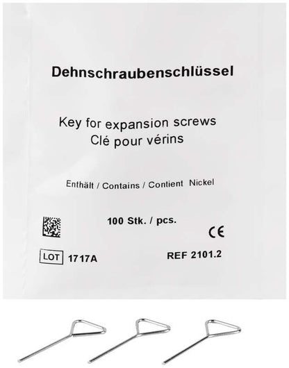 Dehnschraubenschlüssel-Verpackung mit dreieckigen Schlüsseln und Produktspezifikationen.