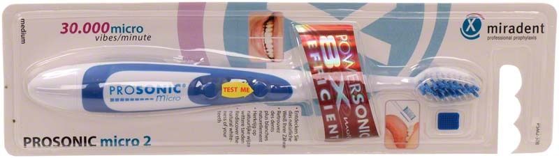 Prosonic micro 2 Schallzahnbürste in blauer Verpackung mit Bürstenkopf.