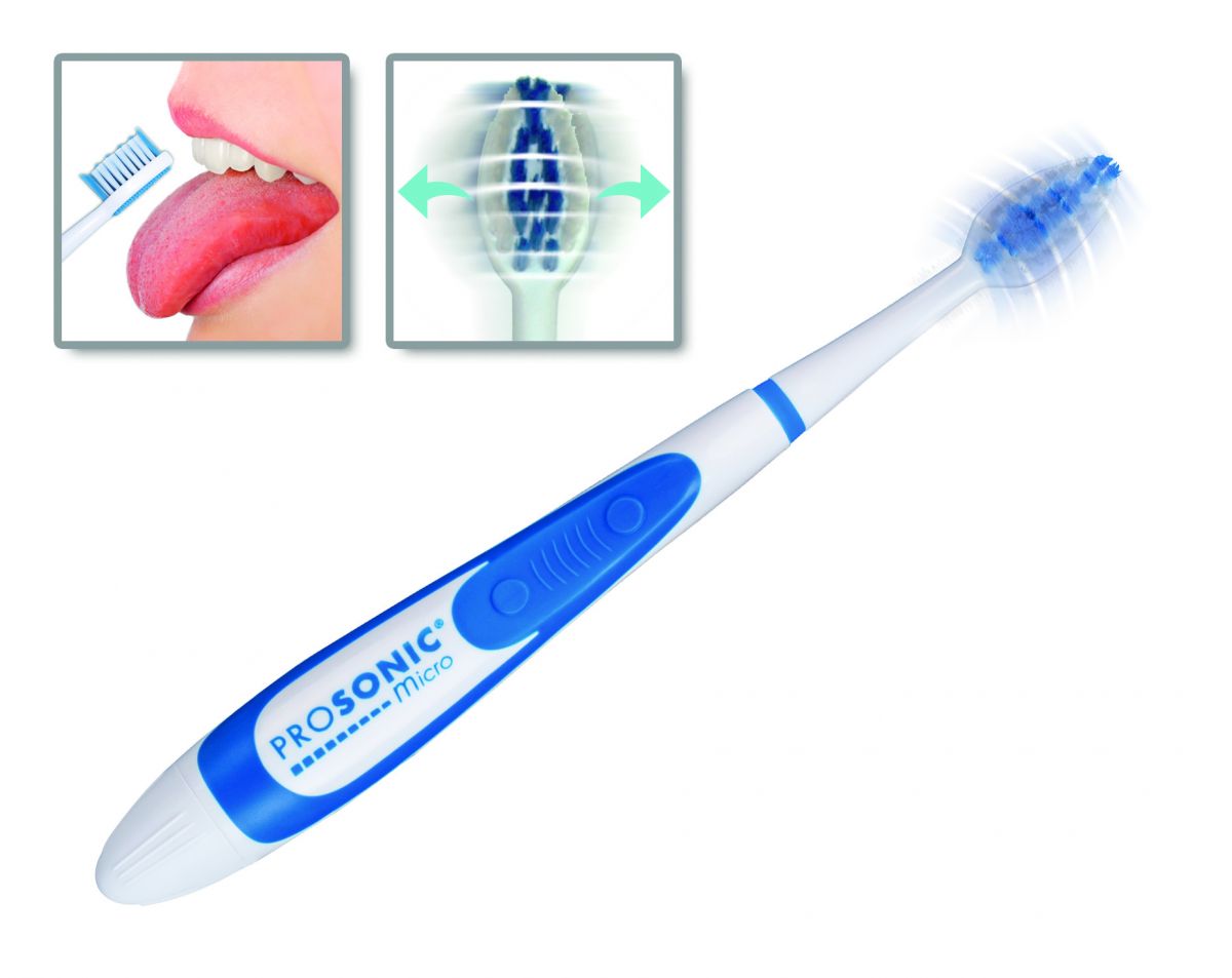 Prosonic micro 2 Schallzahnbürste mit vibrierendem Bürstenkopf und Nahaufnahme einer Zunge.