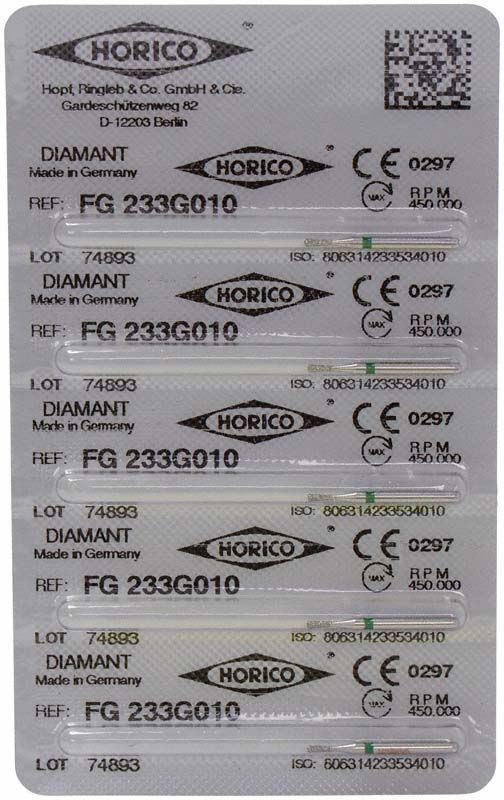Blisterpackung mit Diamant FG 233G 010 Schleifkörpern von Horico.