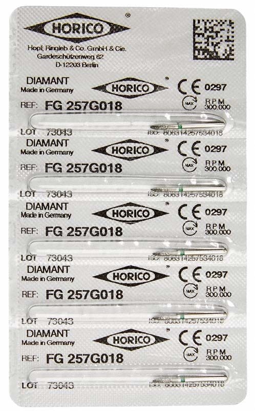 Verpackung mit fünf Diamant FG 257G 018 Dentalbohrern.