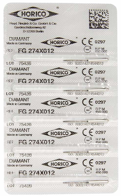 Blisterpackung mit Diamant FG 274X 012 Schleifinstrumenten.