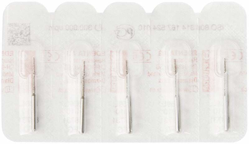 Blisterpackung mit vier Diamantschleifern FG 859L 010 für Zahntechnik.