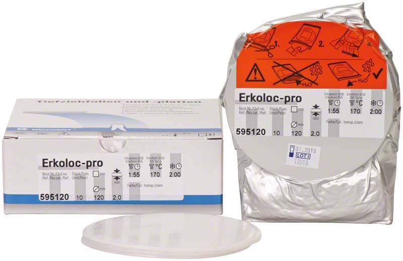 Erkoloc-pro transparente Doppelschicht-Folie für dentalen Einsatz, Verpackung und Folie sichtbar.